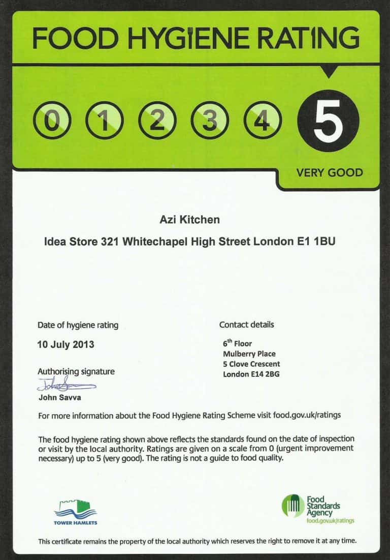 Our 2013 Top Food Hygiene Grade 5 Rating from Tower Hamlets Borough Council and the Food Standards Agency